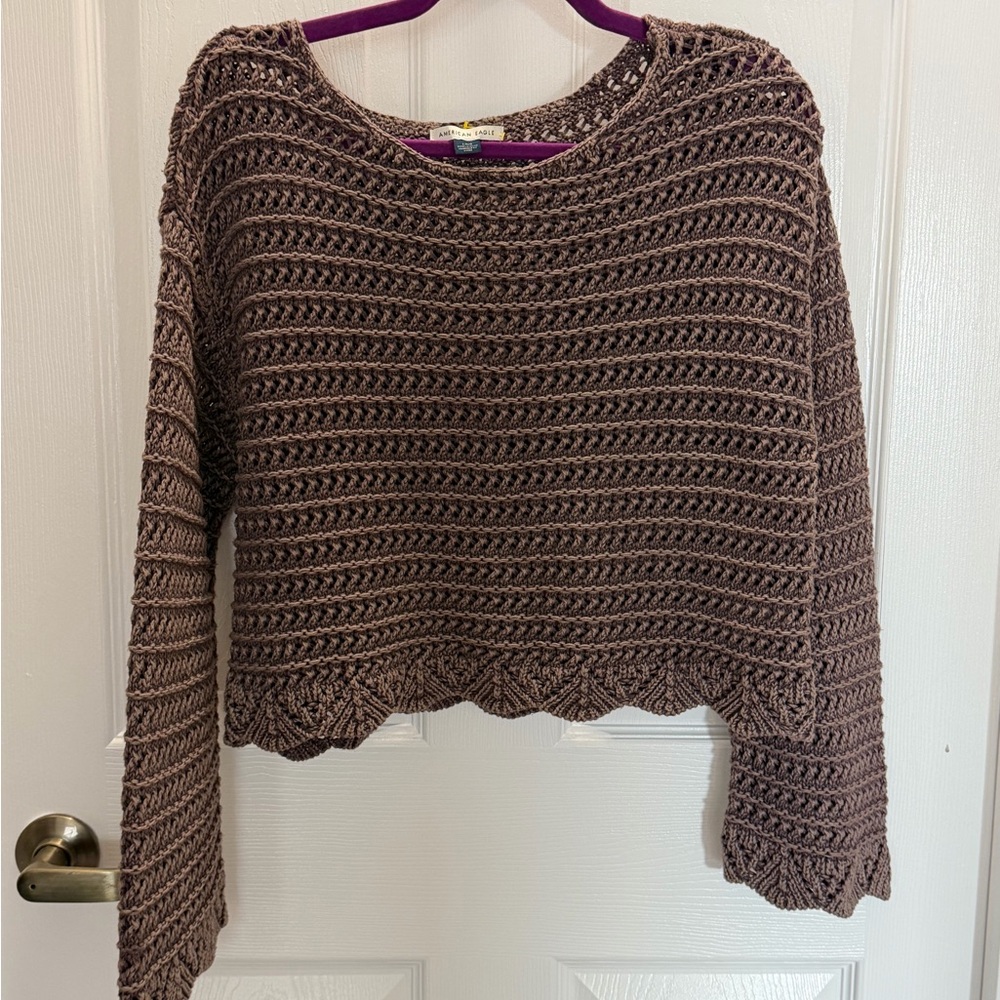 American Eagle Outfitters Cropped Open-Knit Scoop Neck Sweater in Taupe